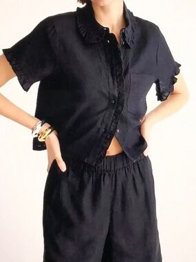 J. CREW Linen Ruffle Trim Button-Up Shirt Black Short Sleeve Size Large